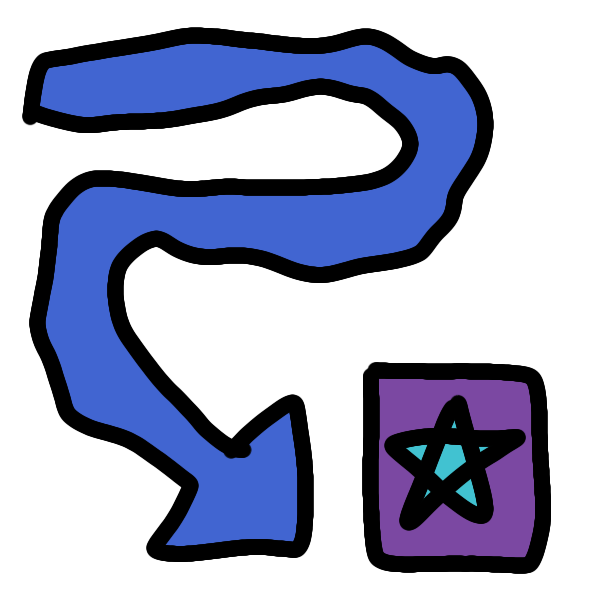  a curvy, wobbly blue arrow points to the sides and then down at a purple square with a cyan star in it.